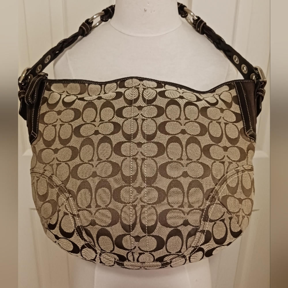 Coach Signature Monogram Hobo Brown Canvas Leather Shoulder Handbag 06279